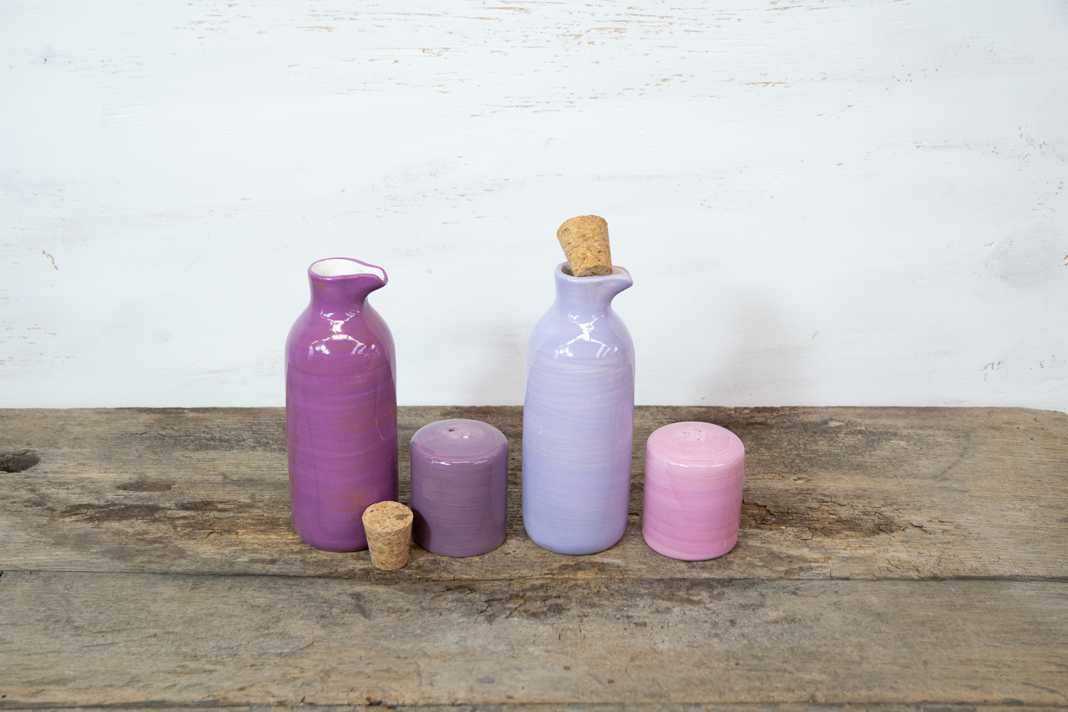 Essig- Öl- Pfeffer- und Salz Menage Keramik im rosa Metallständer Landhausstil