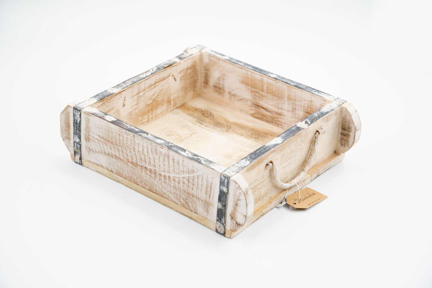 Kasten Ziegelform Holz weiss-gewischt mit Griffen Industriestil Landhausstil