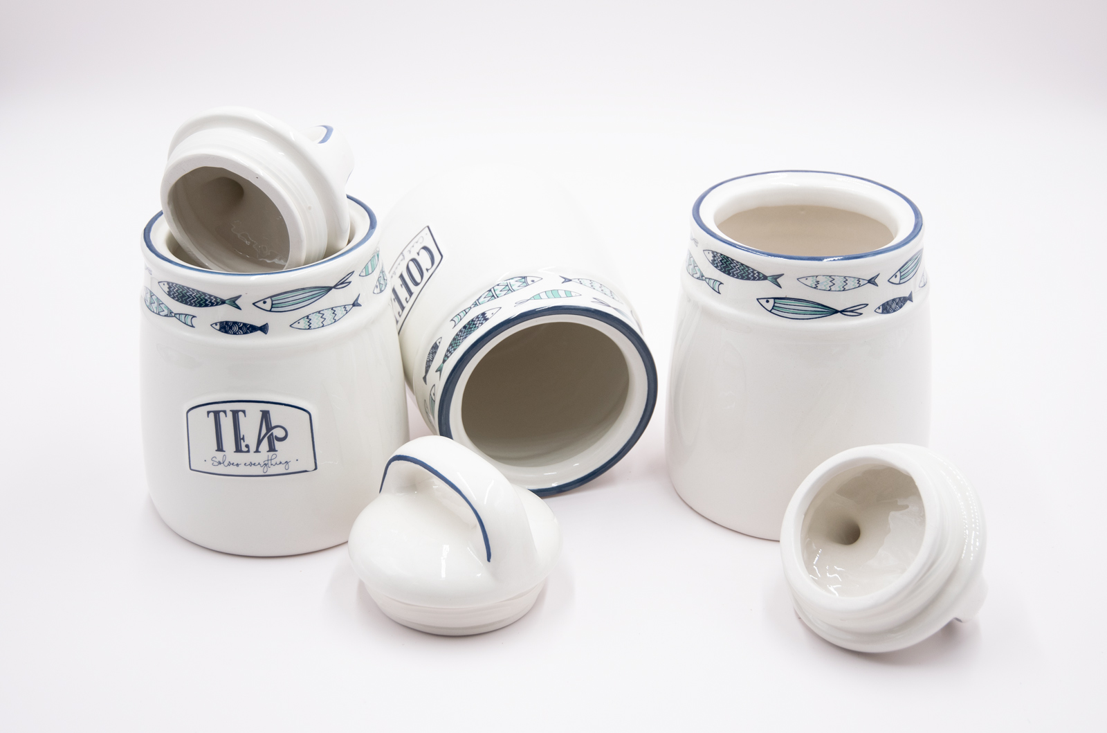Kaffee-, Tee- & Zuckerdose 3er Set Keramik Maritim Fisch Landhausstil
